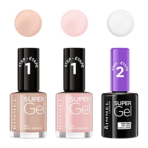Rimmel London Pack Super Gel, Esmaltes de uñas Tonos 12, 21 y Top Coat