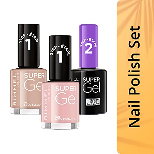 Rimmel London Pack Super Gel, Esmaltes de uñas Tonos 12, 21 y Top Coat