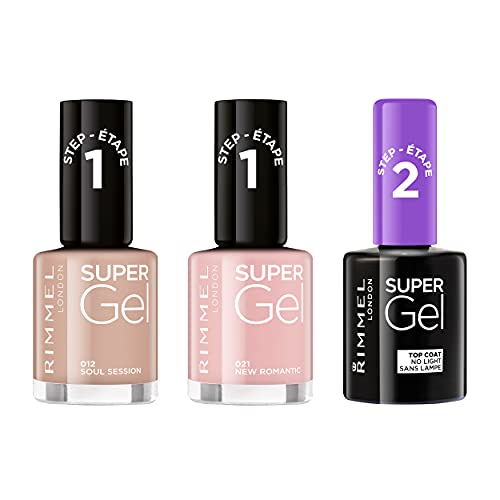 Rimmel London Pack Super Gel, Esmaltes de uñas Tonos 12, 21 y Top Coat