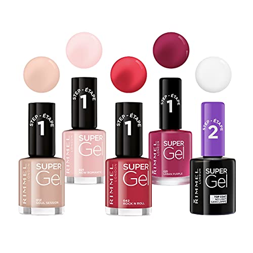 Rimmel London Pack Super Gel, Esmaltes de uñas Tonos 21, 25, 42 y Top Coat