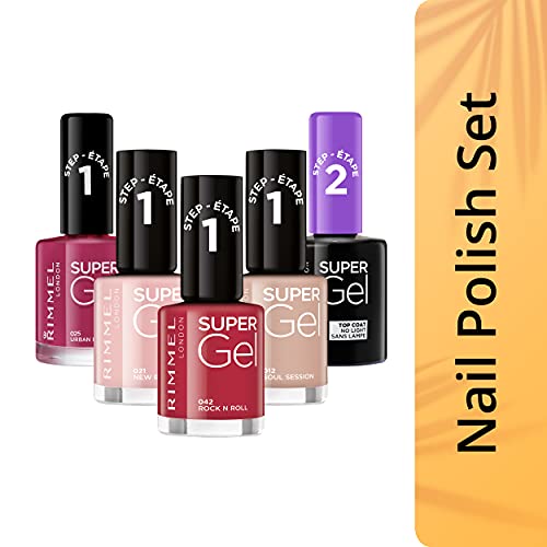 Rimmel London Pack Super Gel, Esmaltes de uñas Tonos 21, 25, 42 y Top Coat