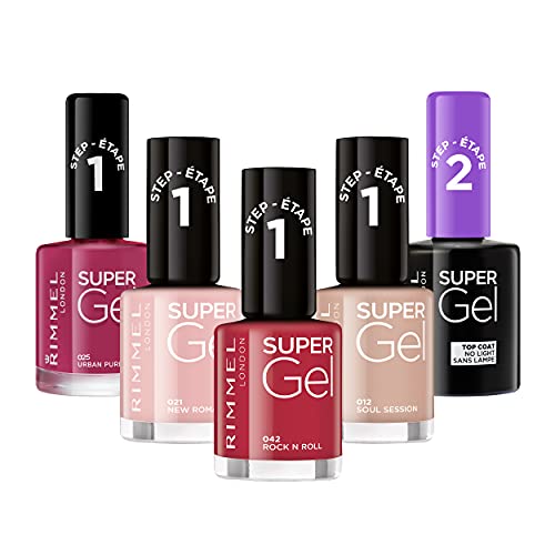Rimmel London Pack Super Gel, Esmaltes de uñas Tonos 21, 25, 42 y Top Coat