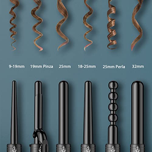 Rizador de Pelo 6 en 1 Planchas Rizadoras Profesional Pantalla LCD Tenacillas Pelo Ceramica Muitifunción con 6 Barras Recambiable 80℃-230℃ Temperatura Ajustable, Negro