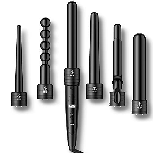 Rizador de Pelo 6 en 1 Planchas Rizadoras Profesional Pantalla LCD Tenacillas Pelo Ceramica Muitifunción con 6 Barras Recambiable 80℃-230℃ Temperatura Ajustable, Negro