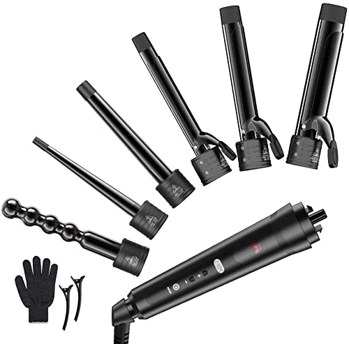 Rizador de Pelo 6 en 1 Profesional,Planchas Rizadoras Multifunción con Pantalla LCD,Temperatura Ajustable,Barras Recambiable,100% Cerámicas de Turmalinas PTC Calentar,no Dañar el Pelo,con Guante
