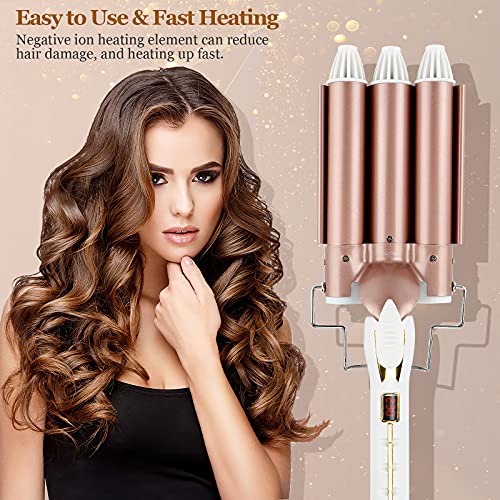 Rizador Pelo Ondas 3 Tubos 25 mm, Kaliwa Ondulador de Pelo Profesional Plancha Pelo Ondas, Ajuste de Calor 80℃ de 230℃ y Pantalla LCD, Cerámica (25 mm, Oro Rosa)