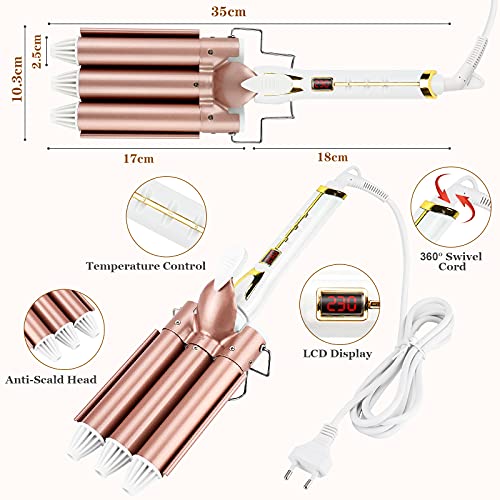 Rizador Pelo Ondas 3 Tubos 25 mm, Kaliwa Ondulador de Pelo Profesional Plancha Pelo Ondas, Ajuste de Calor 80℃ de 230℃ y Pantalla LCD, Cerámica (25 mm, Oro Rosa)