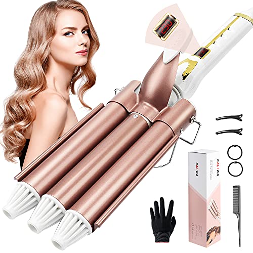 Rizador Pelo Ondas 3 Tubos 25 mm, Kaliwa Ondulador de Pelo Profesional Plancha Pelo Ondas, Ajuste de Calor 80℃ de 230℃ y Pantalla LCD, Cerámica (25 mm, Oro Rosa)
