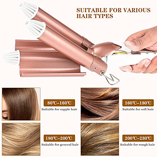 Rizador Pelo Ondas 3 Tubos 25 mm, Kaliwa Ondulador de Pelo Profesional Plancha Pelo Ondas, Ajuste de Calor 80℃ de 230℃ y Pantalla LCD, Cerámica (25 mm, Oro Rosa)