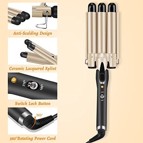 Rizador Pelo Profesional 3 Tubos Plancha Rizadora de 22 mm Temperatura Ajustable 180℃-210℃ con Placas de Cerámica de Turmalina Rizador de Pelo Eléctrico con