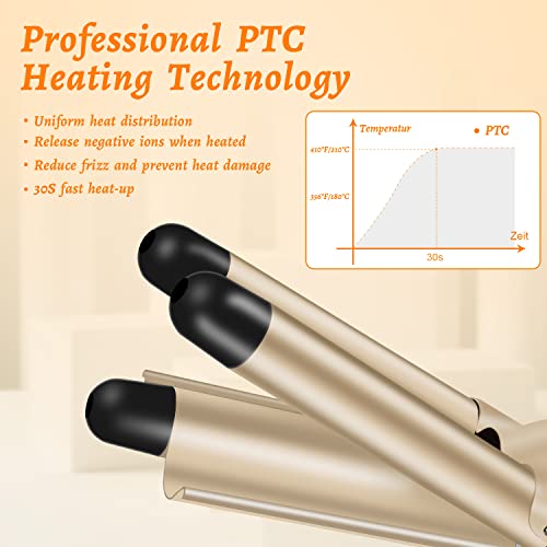 Rizador Pelo Profesional 3 Tubos Plancha Rizadora de 22 mm Temperatura Ajustable 180℃-210℃ con Placas de Cerámica de Turmalina Rizador de Pelo Eléctrico con