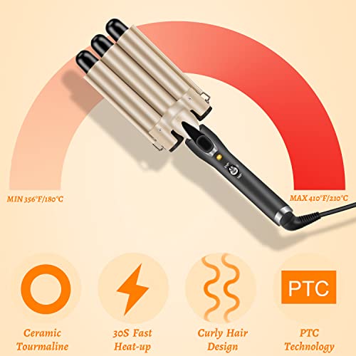 Rizador Pelo Profesional 3 Tubos Plancha Rizadora de 22 mm Temperatura Ajustable 180℃-210℃ con Placas de Cerámica de Turmalina Rizador de Pelo Eléctrico con