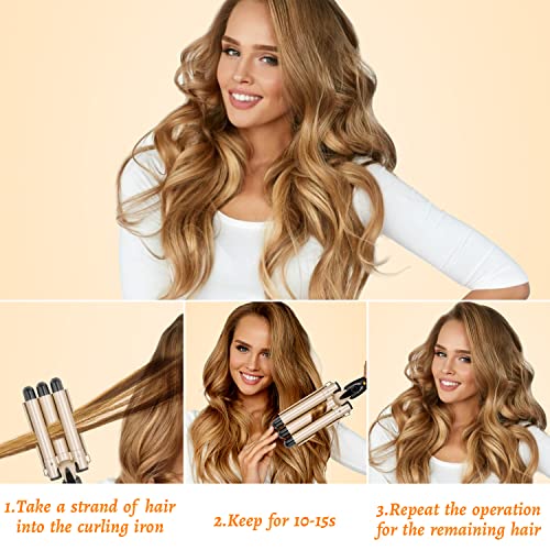 Rizador Pelo Profesional 3 Tubos Plancha Rizadora de 22 mm Temperatura Ajustable 180℃-210℃ con Placas de Cerámica de Turmalina Rizador de Pelo Eléctrico con