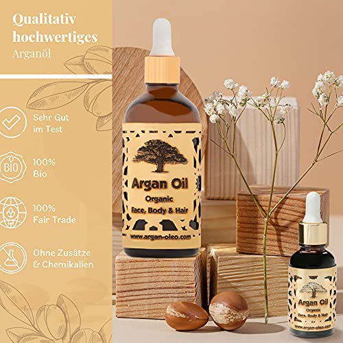 R&M Beauty-Oleo - Aceite de Argán orgánico prensado en frío. Aceite marroquí de comercio justo para masajes, cabello, cara, uñas, labios, cicatrices y espinillas. Botella con cuentagotas (100ml)