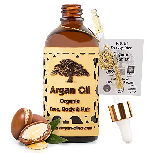 R&M Beauty-Oleo - Aceite de Argán orgánico prensado en frío. Aceite marroquí de comercio justo para masajes, cabello, cara, uñas, labios, cicatrices y espinillas. Botella con cuentagotas (100ml)