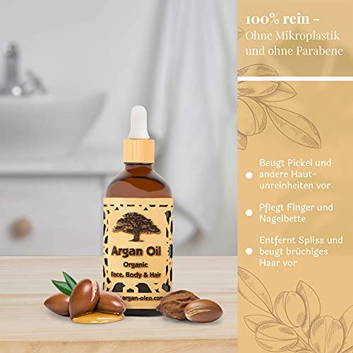 R&M Beauty-Oleo - Aceite de Argán orgánico prensado en frío. Aceite marroquí de comercio justo para masajes, cabello, cara, uñas, labios, cicatrices y espinillas. Botella con cuentagotas (100ml)
