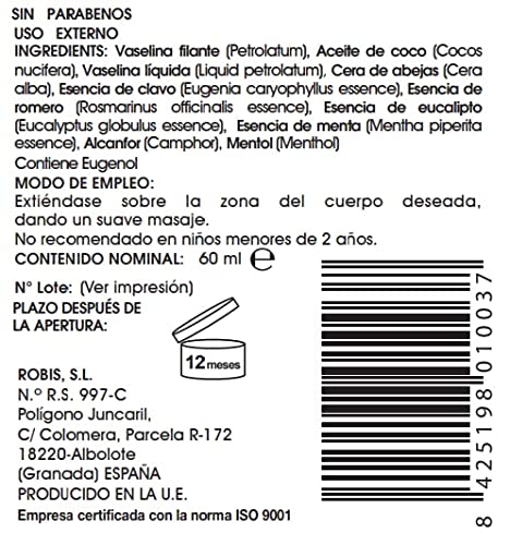 Robis Balsamo Prana 60 | Cósmetica Natural - Masajes - Músculos y Articulaciones Flexibles - Analgésico y antiinflamatorio | Aceite de Coco, Clavo, Romero, Eucalipto, Menta | 60ml