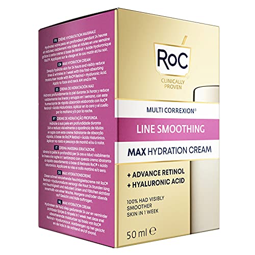 RoC - Retinol Correxion Line Smoothing Max Daily Hydration - Hidratante facial intensivo antiarrugas y antienvejecimiento - con ácido hialurónico - 50 ml