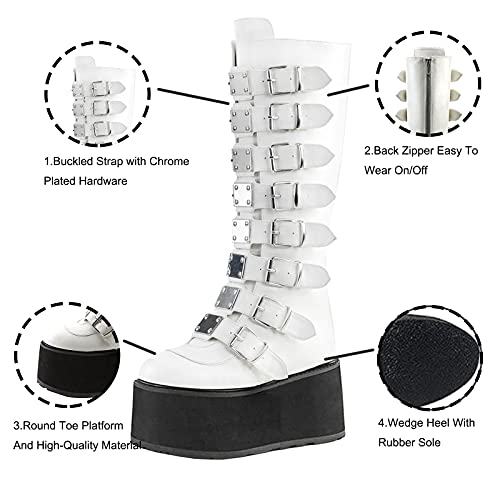 Roimaash Mujer Goth Botas Tacón de Cuña Plaftorm Gótico Botas Rodilla Punk Botas Altas Cosplay Botas Hebilla Belt Remaches Fiesta Botas Largas White-PU Size 40
