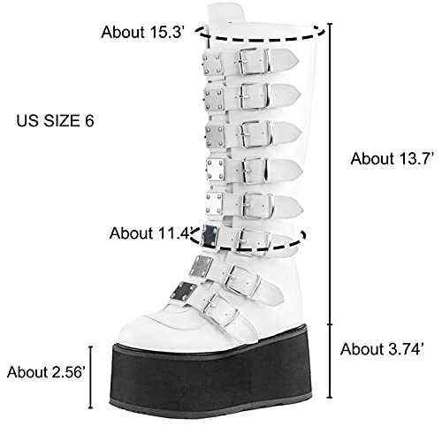 Roimaash Mujer Goth Botas Tacón de Cuña Plaftorm Gótico Botas Rodilla Punk Botas Altas Cosplay Botas Hebilla Belt Remaches Fiesta Botas Largas White-PU Size 40