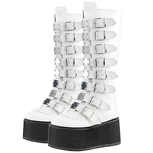 Roimaash Mujer Goth Botas Tacón de Cuña Plaftorm Gótico Botas Rodilla Punk Botas Altas Cosplay Botas Hebilla Belt Remaches Fiesta Botas Largas White-PU Size 40