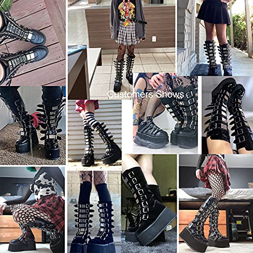 Roimaash Mujer Goth Botas Tacón de Cuña Plaftorm Gótico Botas Rodilla Punk Botas Altas Cosplay Botas Hebilla Belt Remaches Fiesta Botas Largas White-PU Size 40