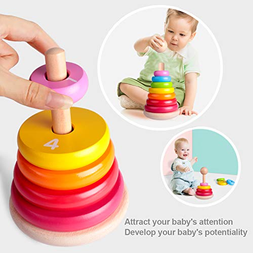 Rolimate Apilador de Madera, Pirámide de Equilibrio del Arco Iris Juguetes de Construcción Educativos Los Mejores Bebés Niños Niñas Mayores de 18 Meses (Large)
