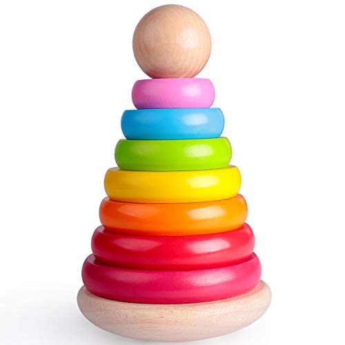 Rolimate Apilador de Madera, Pirámide de Equilibrio del Arco Iris Juguetes de Construcción Educativos Los Mejores Bebés Niños Niñas Mayores de 18 Meses (Large)