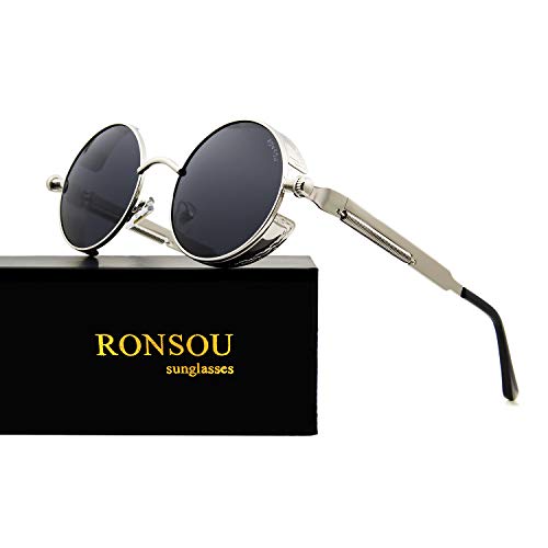 RONSOU Steampunk Estilo Redondo Vintage Polarizadas Gafas de Sol Retro Gafas UV400 Protección Metal Marco plateado marco/gris lente
