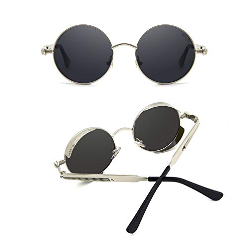 RONSOU Steampunk Estilo Redondo Vintage Polarizadas Gafas de Sol Retro Gafas UV400 Protección Metal Marco plateado marco/gris lente