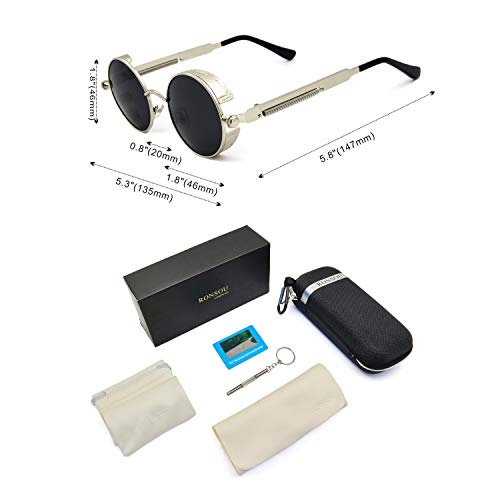 RONSOU Steampunk Estilo Redondo Vintage Polarizadas Gafas de Sol Retro Gafas UV400 Protección Metal Marco plateado marco/gris lente