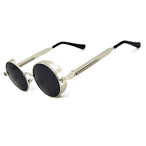 RONSOU Steampunk Estilo Redondo Vintage Polarizadas Gafas de Sol Retro Gafas UV400 Protección Metal Marco plateado marco/gris lente
