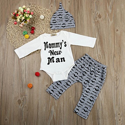 Ropa Bebe Niño Invierno Otoño Fossen Bebé Recién Nacido Niño Monos Tops de 'Mommy's New Men '+ Patrón de Barba Pantalones Largos + Sombreros Ropa para 0 a 18 Meses (0-3 Meses, Blanco)