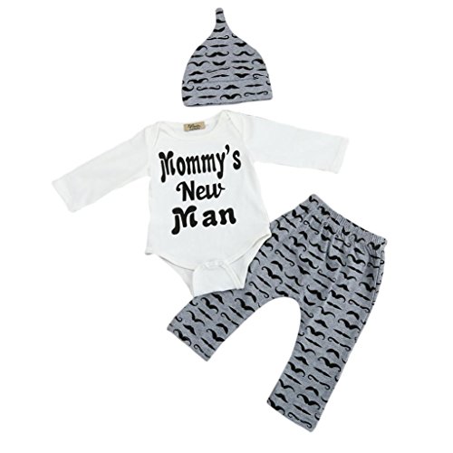 Ropa Bebe Niño Invierno Otoño Fossen Bebé Recién Nacido Niño Monos Tops de 'Mommy's New Men '+ Patrón de Barba Pantalones Largos + Sombreros Ropa para 0 a 18 Meses (0-3 Meses, Blanco)