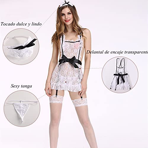 ROSAA Uniforme Sirvienta Sexy,Disfraz Lencería para Mujer,Traje Sirvienta Tocado Encaje y Collar Gargantilla,Delantal Transparente Tanga y Medias,Ropa Dormir Sirvienta Cosplay para Navidad Femenina