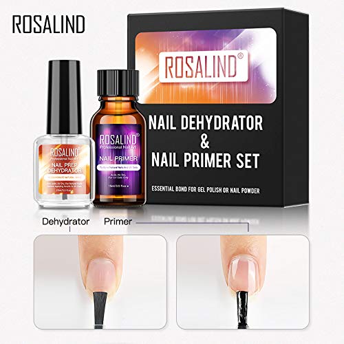 ROSALIND 2PCS Profesional Natural Deshidratador de uñas eimprimación de Uñas Secado Rápido al aire 15ml con UV Esmaltes Semipermanentes Poly Nail Gel Set