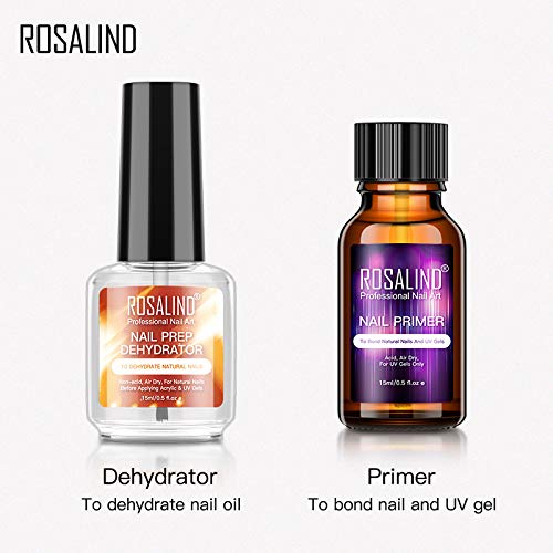 ROSALIND 2PCS Profesional Natural Deshidratador de uñas eimprimación de Uñas Secado Rápido al aire 15ml con UV Esmaltes Semipermanentes Poly Nail Gel Set