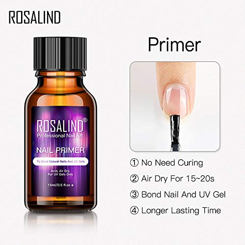 ROSALIND 2PCS Profesional Natural Deshidratador de uñas eimprimación de Uñas Secado Rápido al aire 15ml con UV Esmaltes Semipermanentes Poly Nail Gel Set