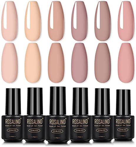 ROSALIND Esmaltes Semipermanentes, 6 Colores Desnuda Rosa Pintauñas Semipermanente Kit de Esmalte de Uñas en Gel UV LED 7ml