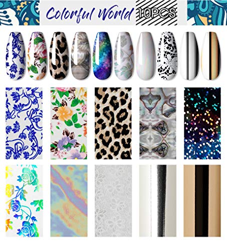 ROSALIND Nail Art Foil Glue 15ml y Foil Sticker 10 Rollos Nail Foil Transfer con 1 Nail Art Foil Brush, Apto para principiantes y profesionales… (001)
