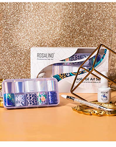 ROSALIND Nail Art Foil Glue 15ml y Foil Sticker 10 Rollos Nail Foil Transfer con 1 Nail Art Foil Brush, Apto para principiantes y profesionales… (001)
