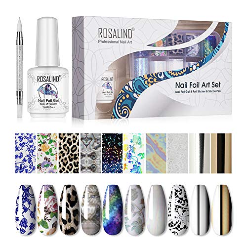 ROSALIND Nail Art Foil Glue 15ml y Foil Sticker 10 Rollos Nail Foil Transfer con 1 Nail Art Foil Brush, Apto para principiantes y profesionales… (001)