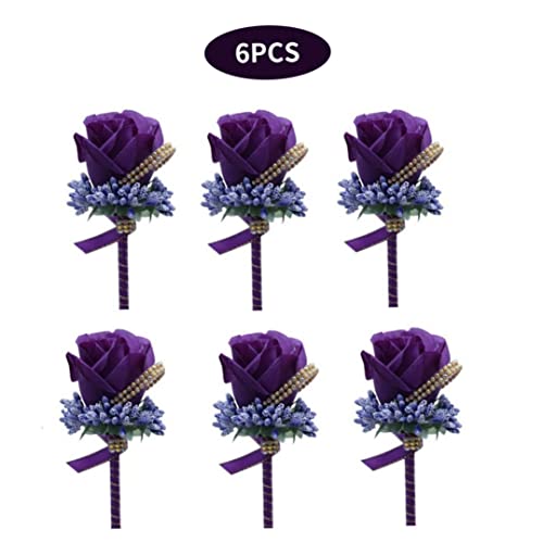 Rose Artificial Boutonniere Simulación Flower Corsage Groom Broche Pins para la Boda 6pcs, Rose Boutonniere para la Boda