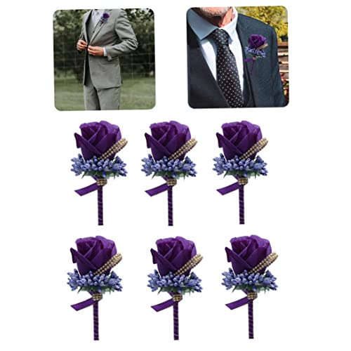 Rose Artificial Boutonniere Simulación Flower Corsage Groom Broche Pins para la Boda 6pcs, Rose Boutonniere para la Boda