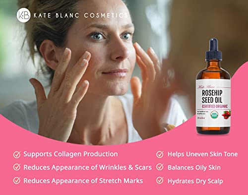 Rosehip Seed Oil by Kate Blanc. USDA Certified Organic, 100% Pure, Cold Pressed, Unrefined. Reduce Acne Scars. Essential Oil for Face, Nails, Hair, Skin. Therapeutic AAA+ Grade (1 oz)