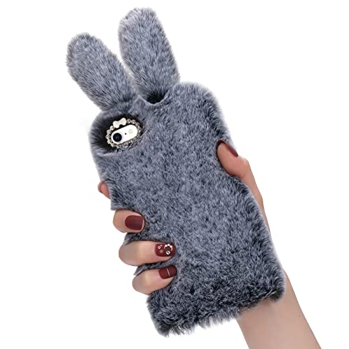 ROSEHUI Funda para iPhone 7, iPhone 8, iPhone SE2020, diseño de conejo con orejas de conejo, suave y cálida, mullida, piel sintética, brillante, resistente a los golpes, color gris