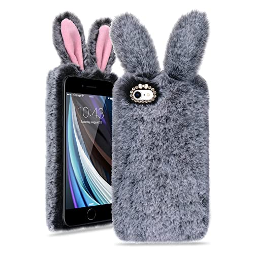 ROSEHUI Funda para iPhone 7, iPhone 8, iPhone SE2020, diseño de conejo con orejas de conejo, suave y cálida, mullida, piel sintética, brillante, resistente a los golpes, color gris