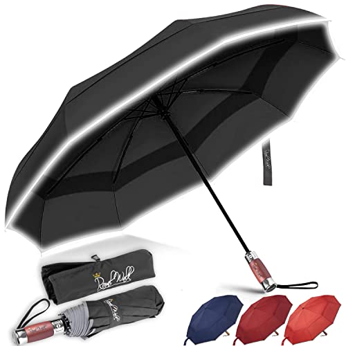 Royal Walk Paraguas Plegable Antiviento para Hombre y Mujer Apertura y Cierre Automático, Compacto y Fuerte, Mango de Madera Real de Lujo, Paraguas Resistente al Viento Reflectante con Doble Cubierta