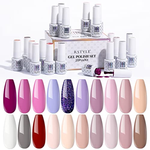 RSTYLE Esmaltes Semipermanentes, 20 Colores Esmaltes Pintauñas Permanentes para Uñas Kit Gel Nail Polish Set Esmaltes en Gel Manicura Soak off UV LED 5ml Morada