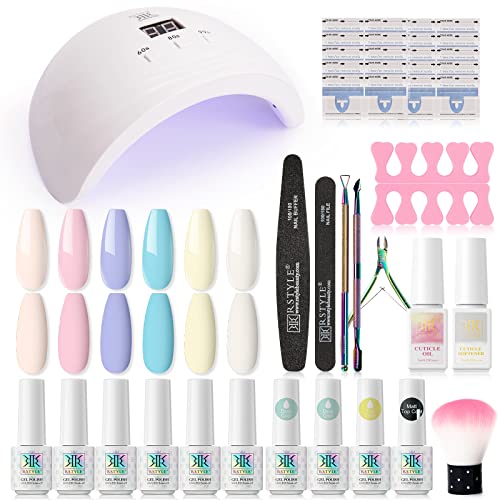 RSTYLE Kit Lampara UñAs Semipermanentes,Esmaltes Semipermanentes UñAs de Gell Macaron Color 6 Pcs ,Lampara UV/LED 36w Base Coat Top Coat Set Manicura UñAs Acrilicas Completo Secador de uñas